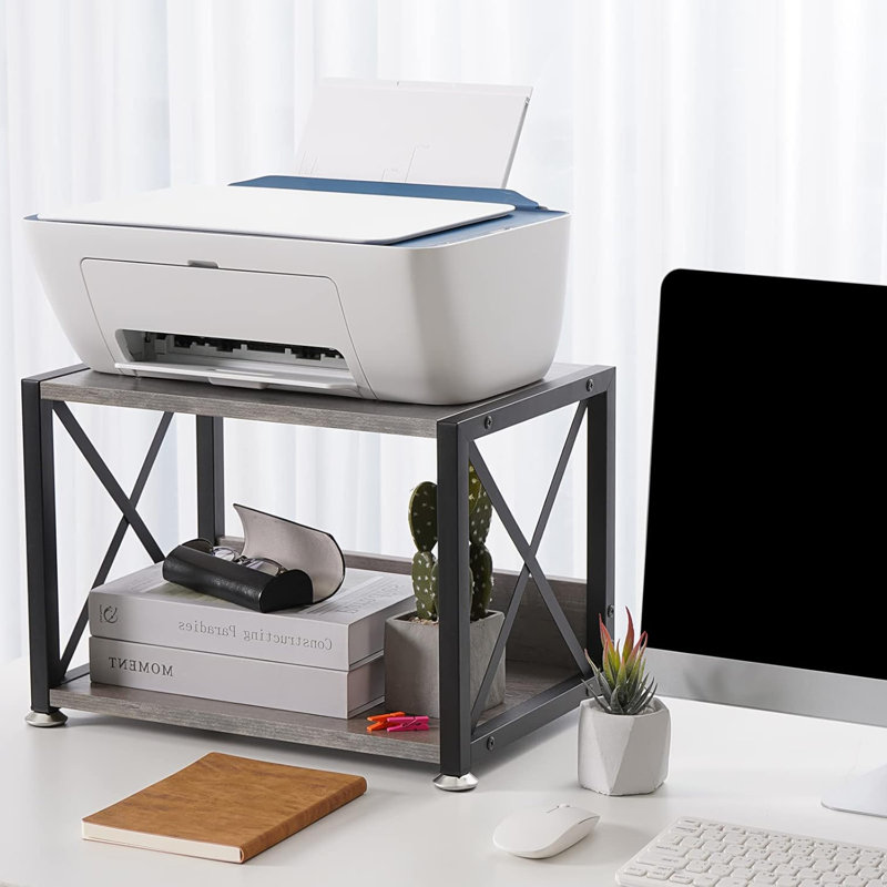 Desktop Printer Stand With 2 Tier Wood Storage Shelves, Multi-Purpose Desk Organizer For Fax Machine, Scanner, Files, Books, Printer Shelf With Adjustable Anti-Skid Feet