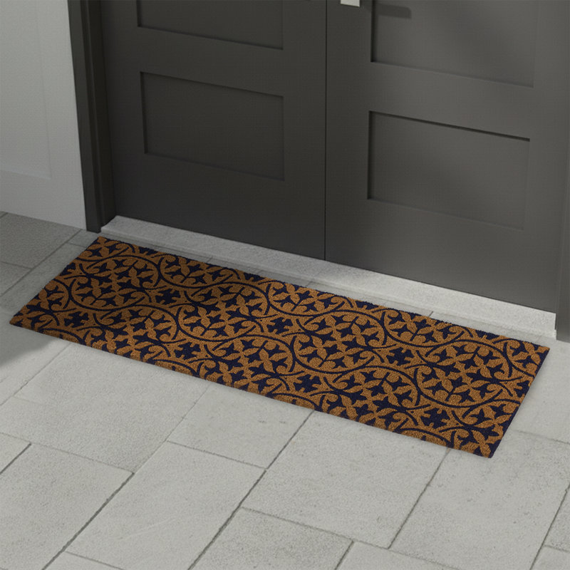 Yevetta Blue Tile Coconut Coir Entryway Doormat, 18" W x 60" L, Blue