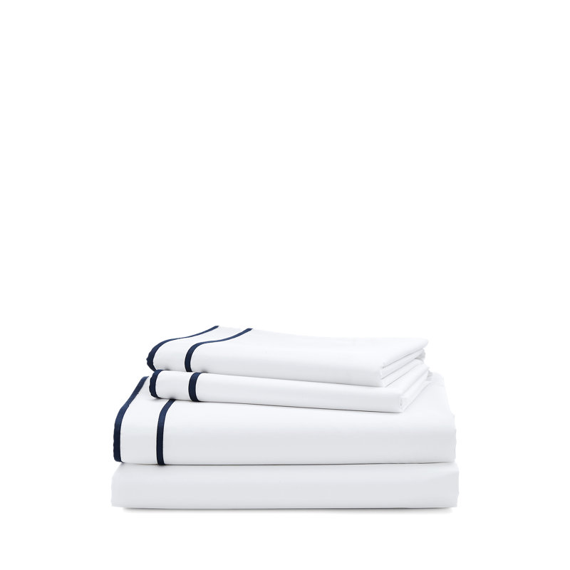 Ensemble de draps Spencer, Ensemble de draps pour très grand lit avec 2 taie, Blanc / Bleu marine