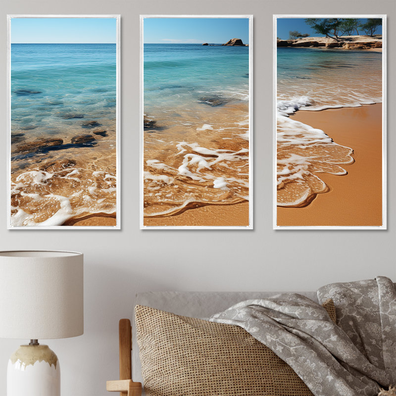 Shoreline Shadows On Beautiful Beach I - ensemble d'art sur toile côtier, Cadre flottant blanc, H 32 po x l 48 po x P 1 po