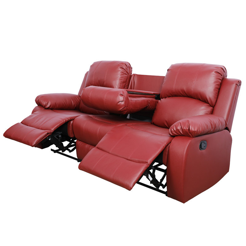 79" Premium Vegan Leather Reclining Living Room Sofa With Drop Down Table And Cup Holders, Red