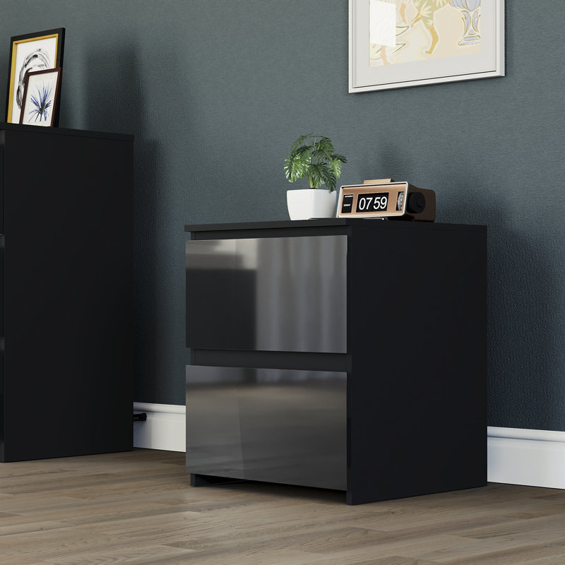 2 Drawer High Gloss Bedside Chest (FSC 100%) Bedroom Home Bedside Furniture, Black