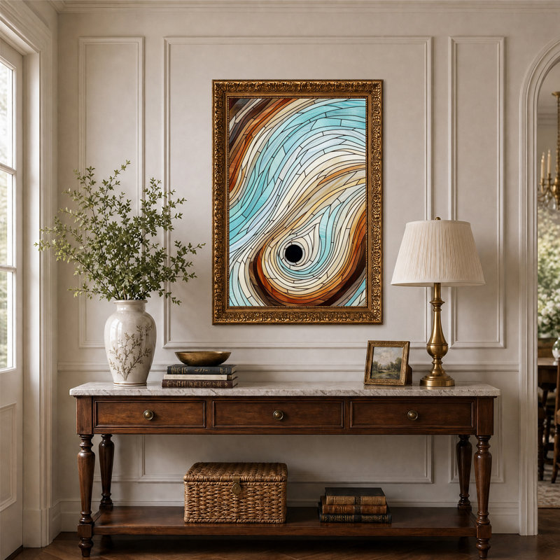 Tableau sur toile à motif de vitrail bleu et brun tourbillonnant, H 24 po x l 16 po