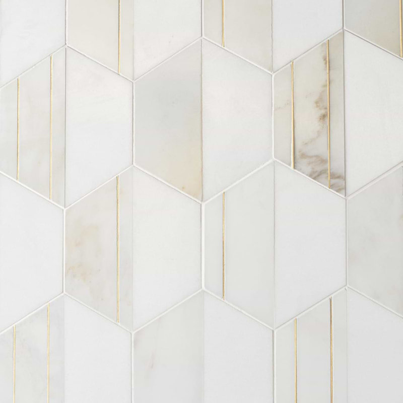 Fuse 6" Hexagon Polished Marble And Brass Inlay Mosaic, Bianco/Brass