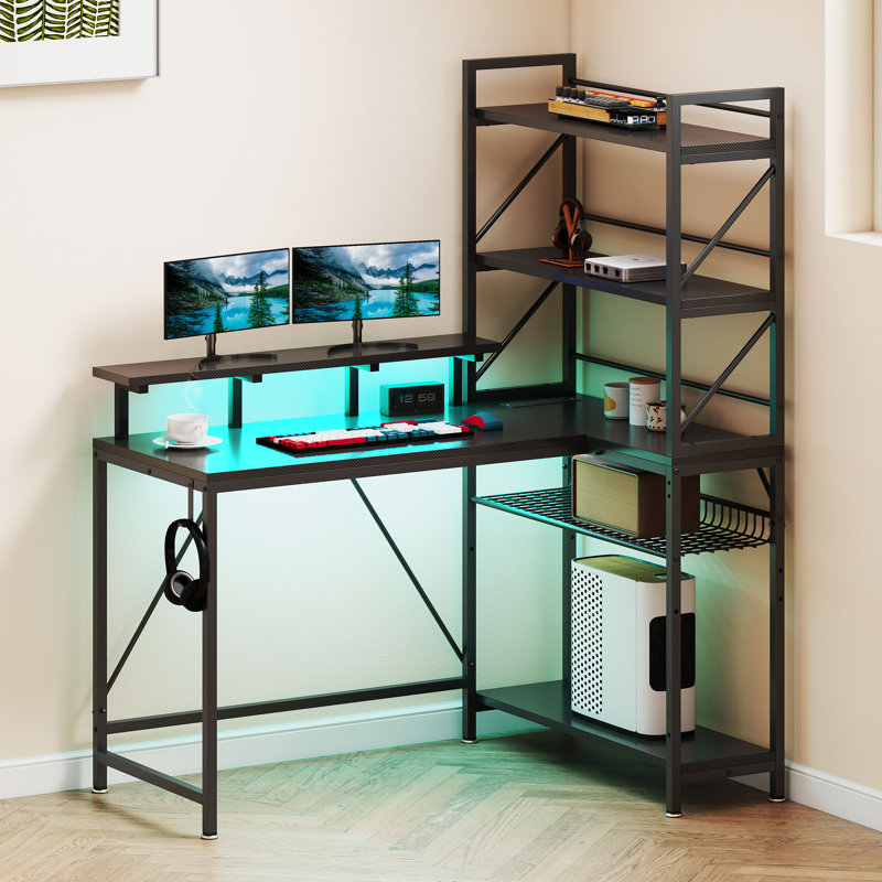 L-Shaped Metal Base Computer Desk with Power Outlet