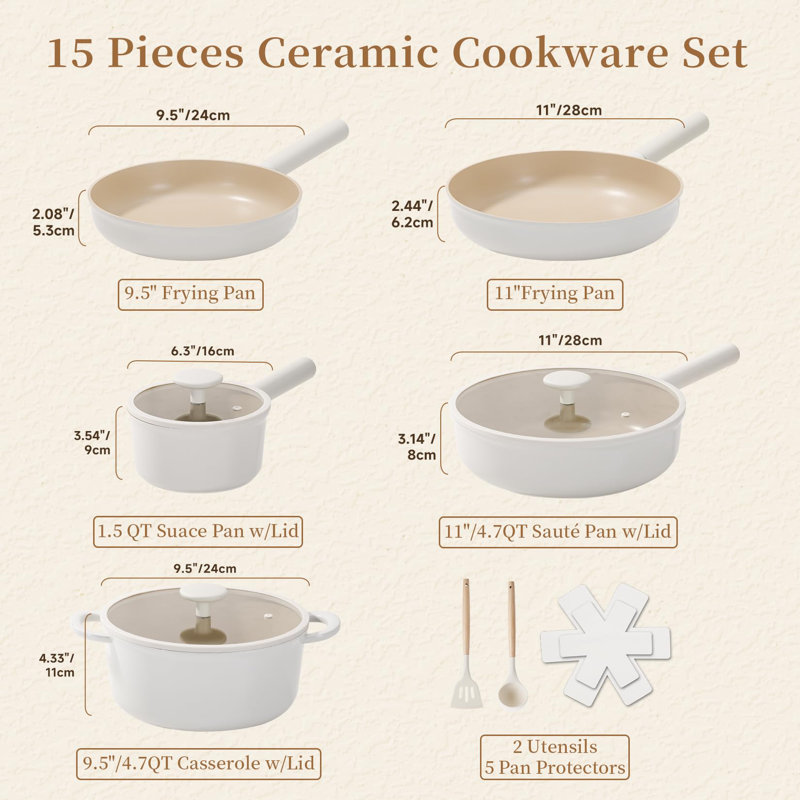 Ceramic Cookware Set, 15 PCS Pots And Pans Set Non Stick With Removable Handles, Non Toxic Induction Kitchen Cookware Sets, Oven Safe PFAS/PTFE/PFOA Free Cream