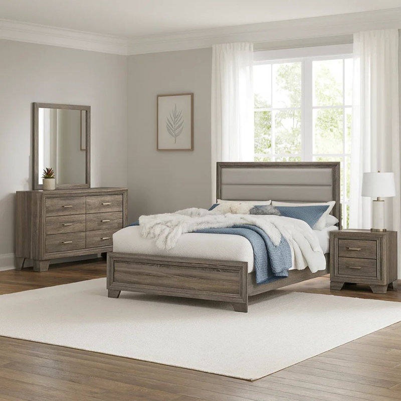 Ensemble de chambre avec grand lit 4 pièces Reay, tapissier, brun gris, Grand