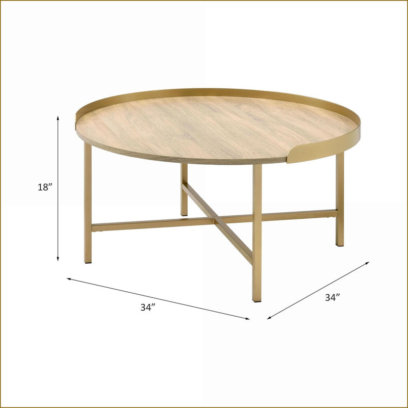 Chêne contemporain Table basse dorée - Plateau rond avec base en métal robuste pour le salon