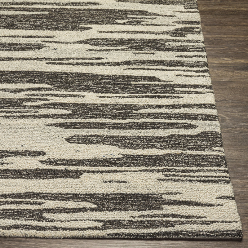Tapis noir / blanc en laine touffeté à la main, Rectangle 8 pi 10 po x 12 pi