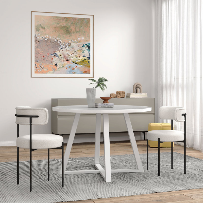 3-Piece Dining Set: Round Trestle Table & 2 Boucle Chairs, White