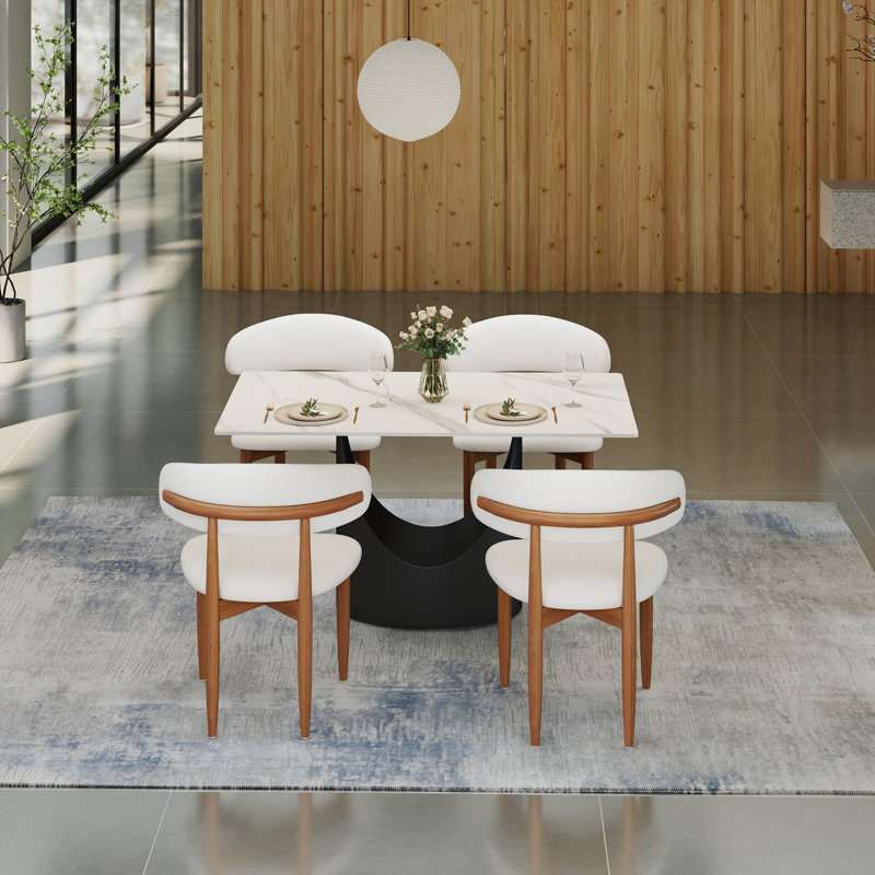 Fairy 5-Piece Modern Rectangular Sintered Stone Dining Table Set With 4 Solid Wood Chairs, Snow White