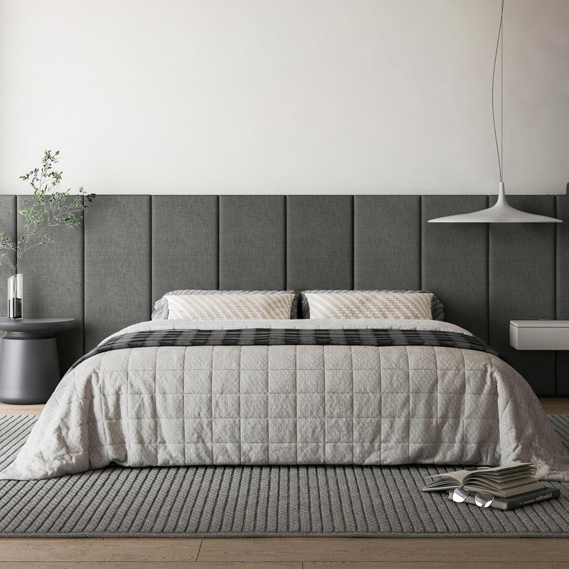 Peel and Stick Upholstered Wall Paneling in Grey Linen Polyester Blend Textured, 30.2cm H x 89.9cm W
