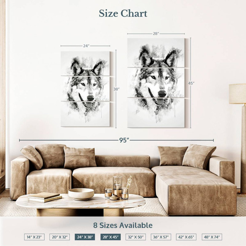 Tête de loup en noir et blanc, H 38 po x l 24 po