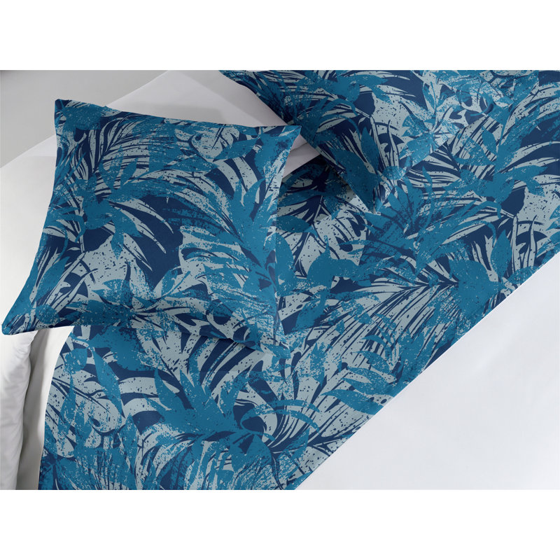 Ensemble de chemin de lit Ambesonne Aloha abstrait grunge feuilles de botanique indigo et bleu mer, Très grand lit