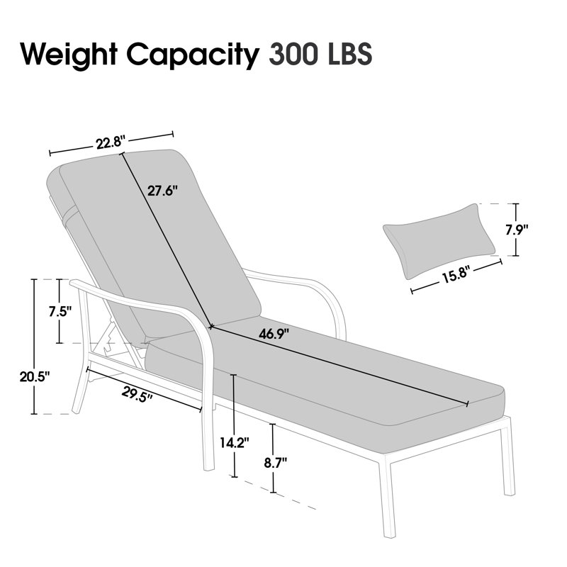 Outdoor Chaise Lounge Chair with Cushion, Adjustable Backrest Reclining and Lumbar Pillow, Dark Gray