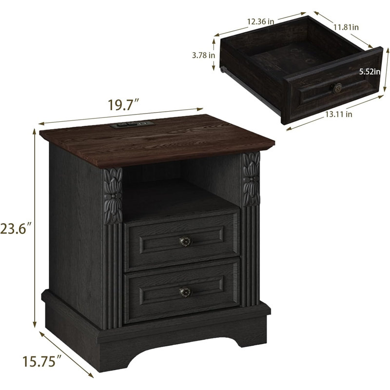 Table de chevet avec station de charge Farmhouse - table de bout à 2 tiroirs de 20 po, table d'appoint de rangement pour chambre à coucher et salon