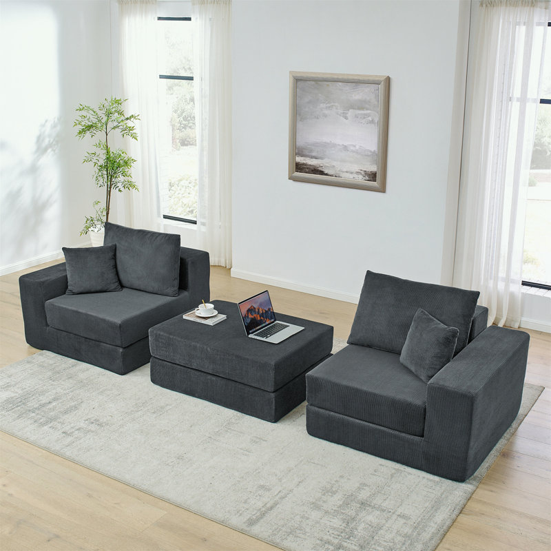 Boneless L-Shaped Sofa with Removable Ottoman, Deep Seat and Throw Pillows, Gray Corduroy