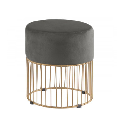 Round Velvet Accent Ottoman with Gold Metal Frame - Gray Upholstered Footstool for Living Room, Bedroom, or Entryway