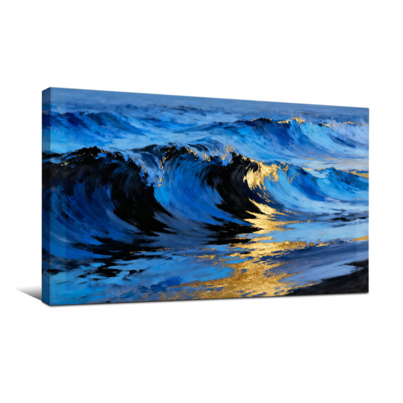Art nautique et plage, vagues océaniques, reflets dorés sur toile, H 28 po x l 58 po
