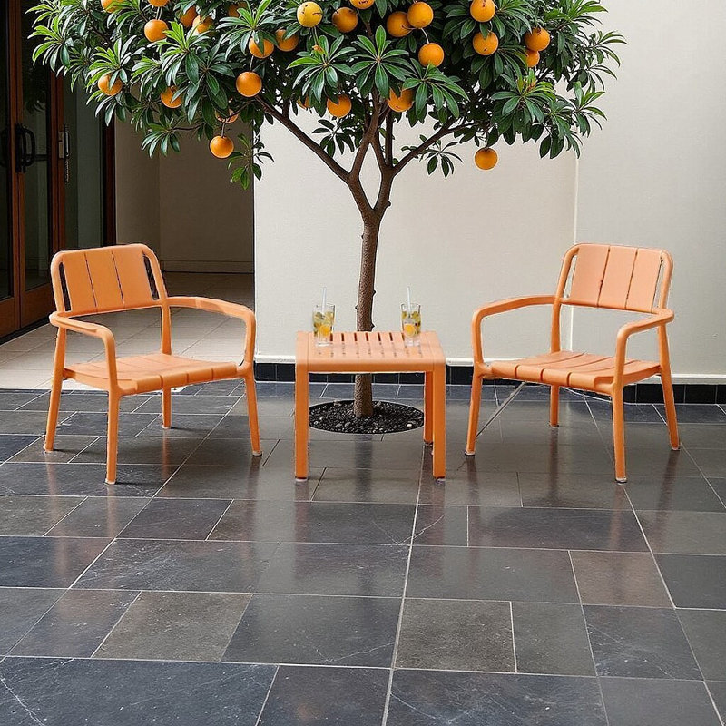 Ensemble de conversation intérieur / extérieur 3 pièces - Matériau PP de qualité commerciale (2 chaises + 1 table), Orange