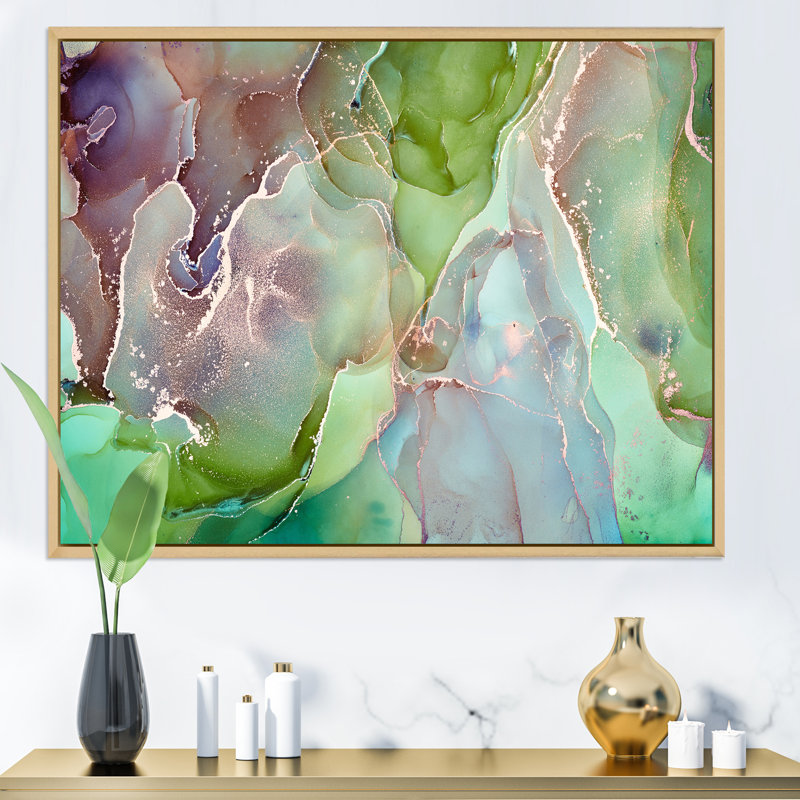 Art abstrait vert et rose à l'encre - Peinture sur toile, H 24 po x l 32 po, Cadre flottant en érable