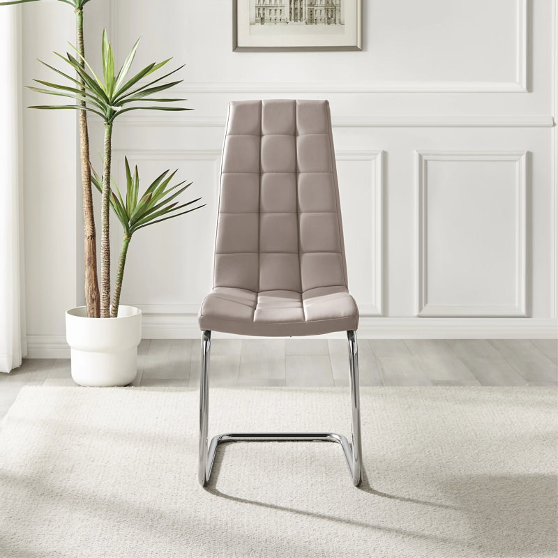 Chowchilla Faux Leather Cushioned Chrome Cantilever Leg Dining Chairs with Square Stitching, Beige