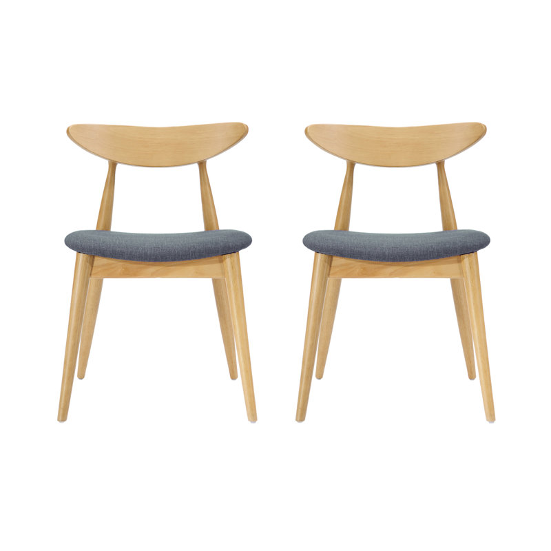 Ensemble de 2 chaises rétro en bois d'hévéa avec dossier ergonomique et coussins moelleux, naturel et gris (même référence: 59297.00LGY)