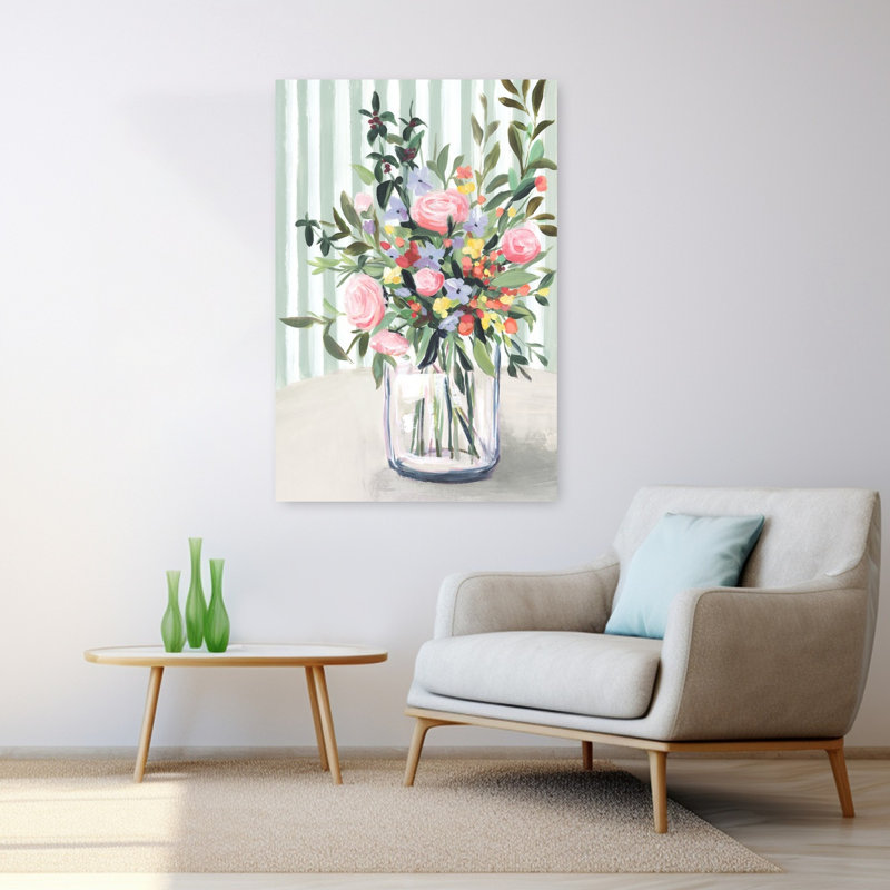 «Vibrant Blossoms In Clear Vase», art mural contemporain abstrait, H 48 po x l 32 po