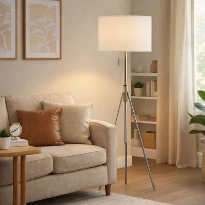 Lampe sur pied Simi, trépied réglable, abat-jour en lin blanc, métal nickel