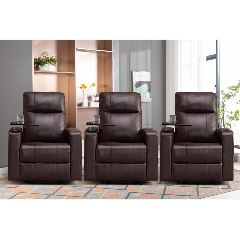 Rugiatu 33.1" Wide Modern Electric Power Breathable Leather Reclining Home Theater Seating with Arm Table and Cup Holders (Set Of 3)