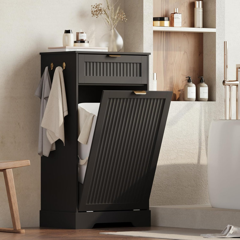 Meuble de poubelle basculant de 10 gallons, armoire à ordures dissimulée cannelée avec tiroir et crochets pour cuisine et salle de bain (poubelle non incluse)