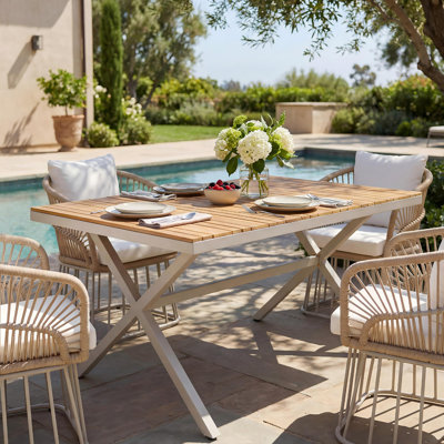 Table de salle à manger en teck avec structure en acier beige, table de patio rectangulaire de 55,12 po avec pieds en forme de X, résistante aux intempéries pour la cour, le jardin, la terrasse et la piscine