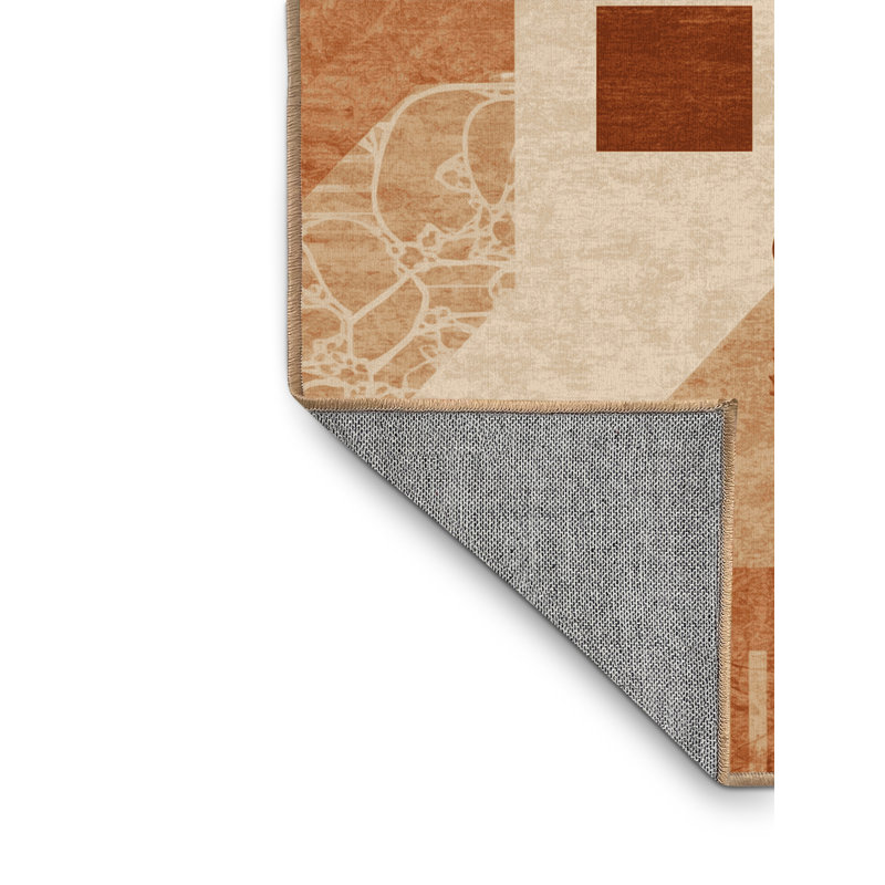 Tapis abstrait moderne et contemporain lavable à la machine Oyan Monstera en brun - reliure brun clair, Rond 8 pi