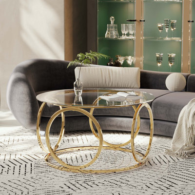 Table basse de 31,5 pouces avec plateau rond en verre et cadre en métal circulaire pour le salon, le bureau et le salon