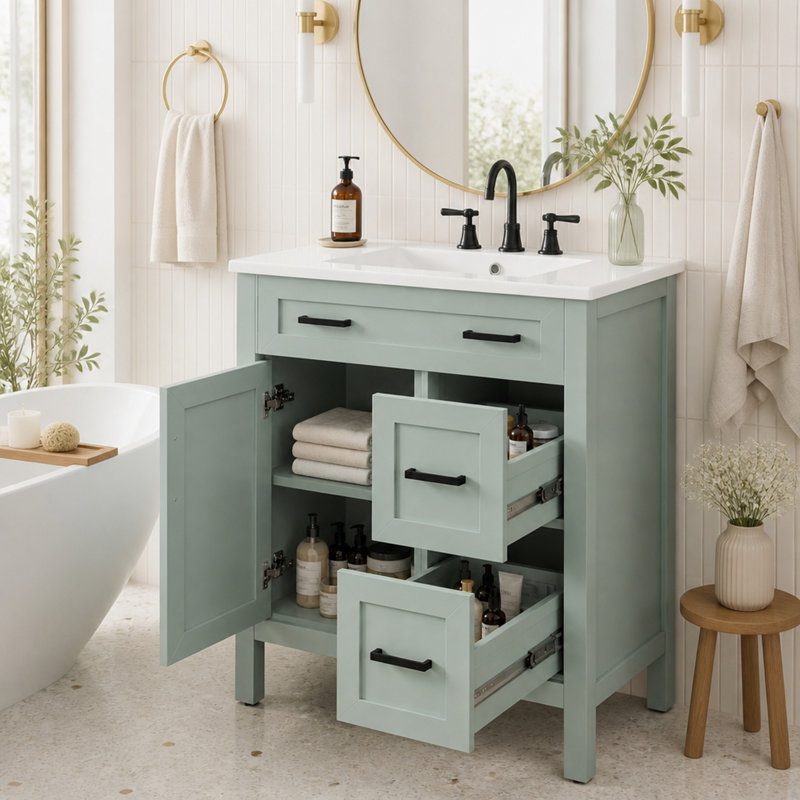 Meuble-lavabo de salle de bain avec 1 porte à fermeture douce, 2 tiroirs à fermeture douce et tablette réglable, Vert