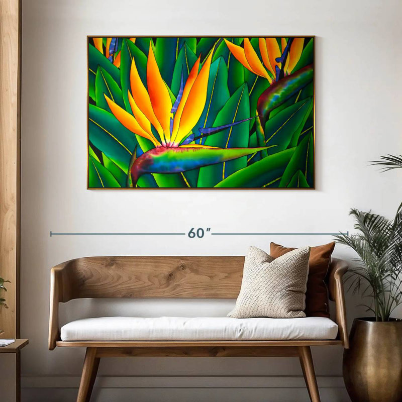 Oiseau luxuriant du paradis, 46 po x 31 po, Cadre flottant doré
