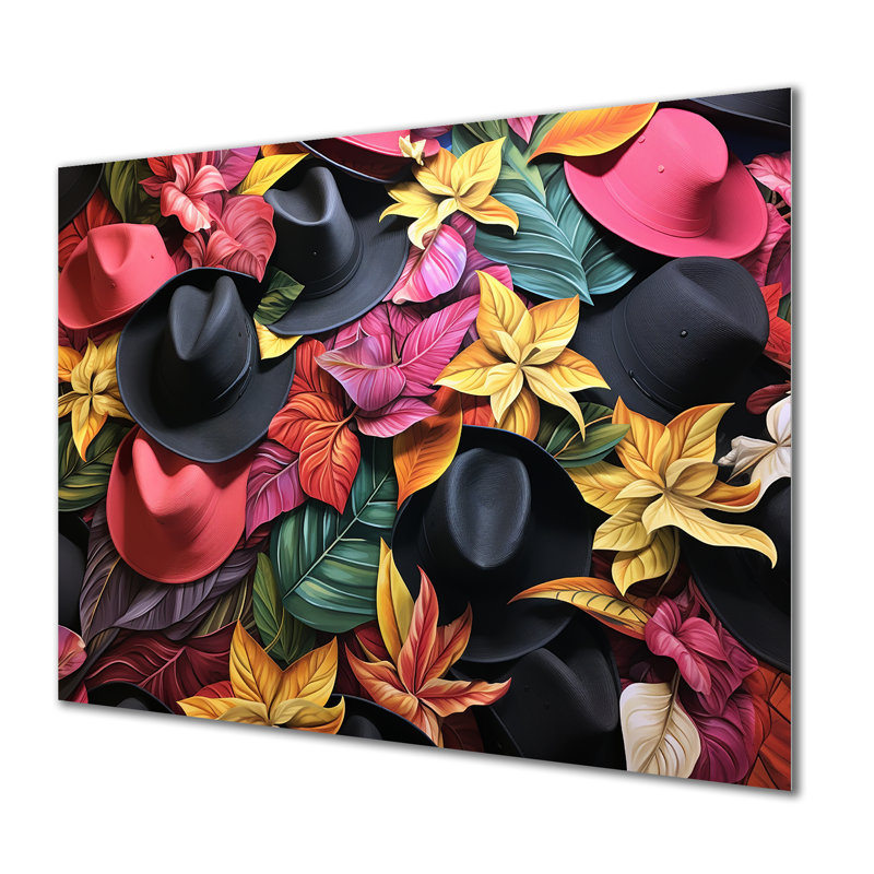 Plantes tropicales avec chapeau de cowboy - accessoires de mode, art mural en métal MT133849, H 12 po x l 20 po x P 1 po