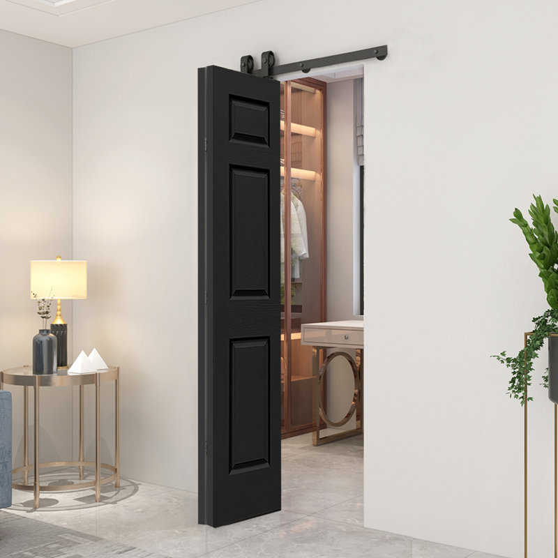 Porte de grange à deux panneaux en panneau de fibres à densité moyenne peinte noire 24 po x 80 po avec quincaillerie coulissante
