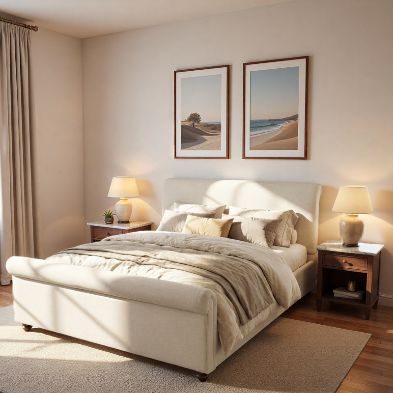 Lit rembourré avec bords roulés épais, pieds ovales à double couche rétro et tête de lit robuste, Grand lit, Beige