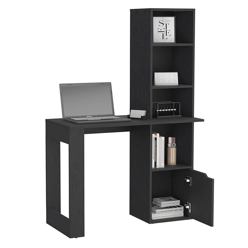 Bureau d'ordinateur avec 1 armoire et bibliothèque à 4 niveaux, Noir