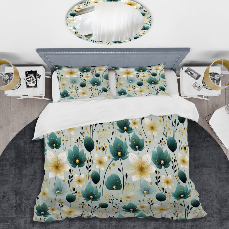 Ensemble de housse de couette floral bleu sarcelle et ivoire, Housse de couette pour très grand lit et 2 très