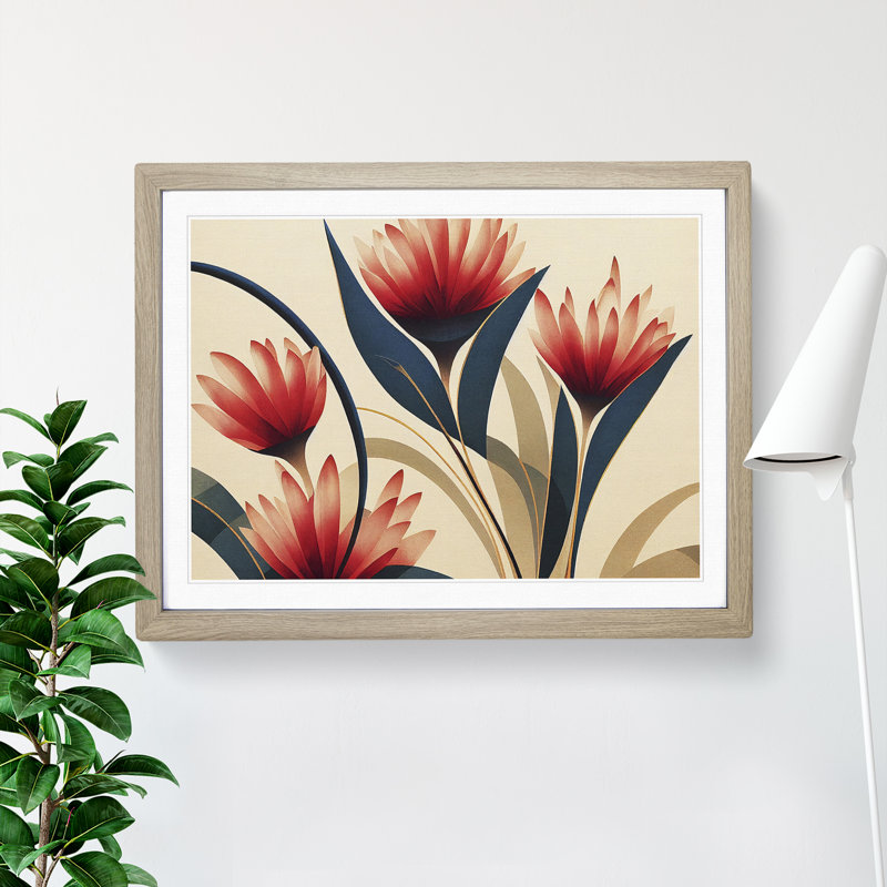 Serene Flowers Deco - Framed Print, 25cm H x 34cm W x 2cm D, Oak