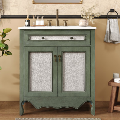  Meuble-lavabo 30 po à motif antique avec lavabo rectangulaire en céramique, armoire de rangement avec plateau basculant et poignées antiques, vert-bleu antique