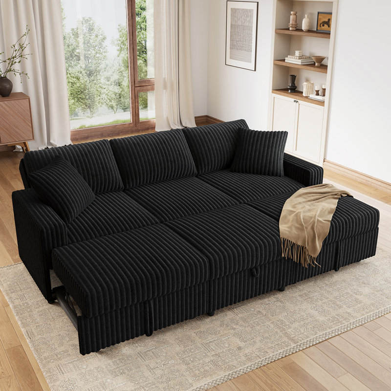 Canapé-lit modulaire Brunella Corduroy, Velours côtelé noir