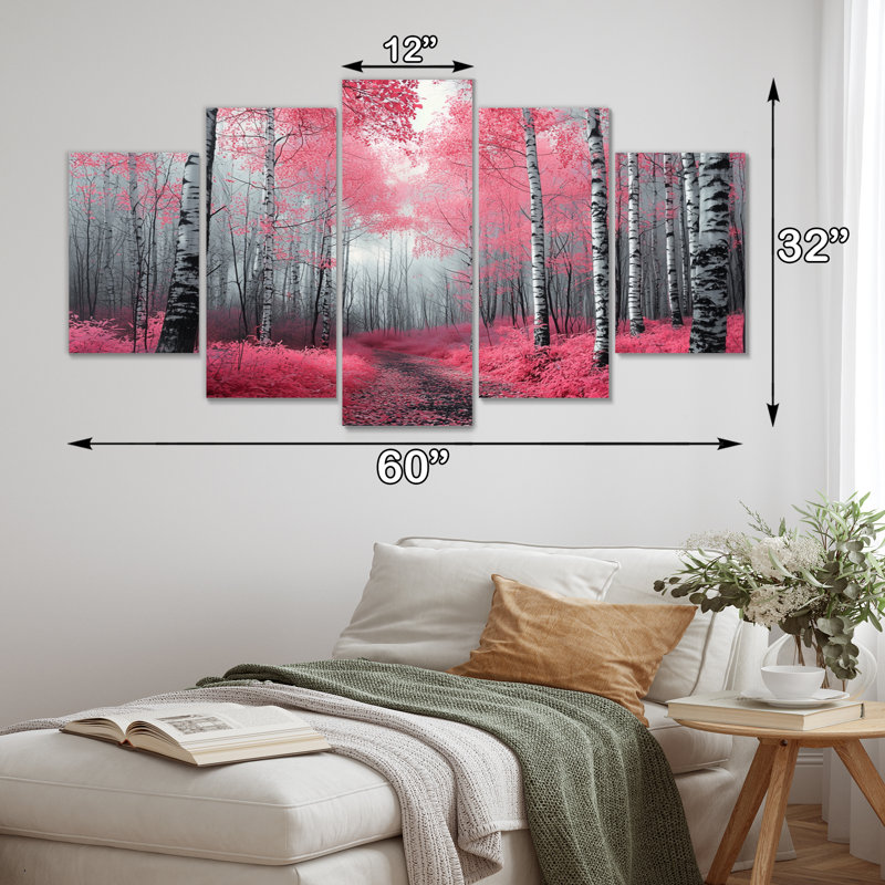 Bouleaux roses, chemin forestier, Panorama I - ensemble de décorations murales forêt