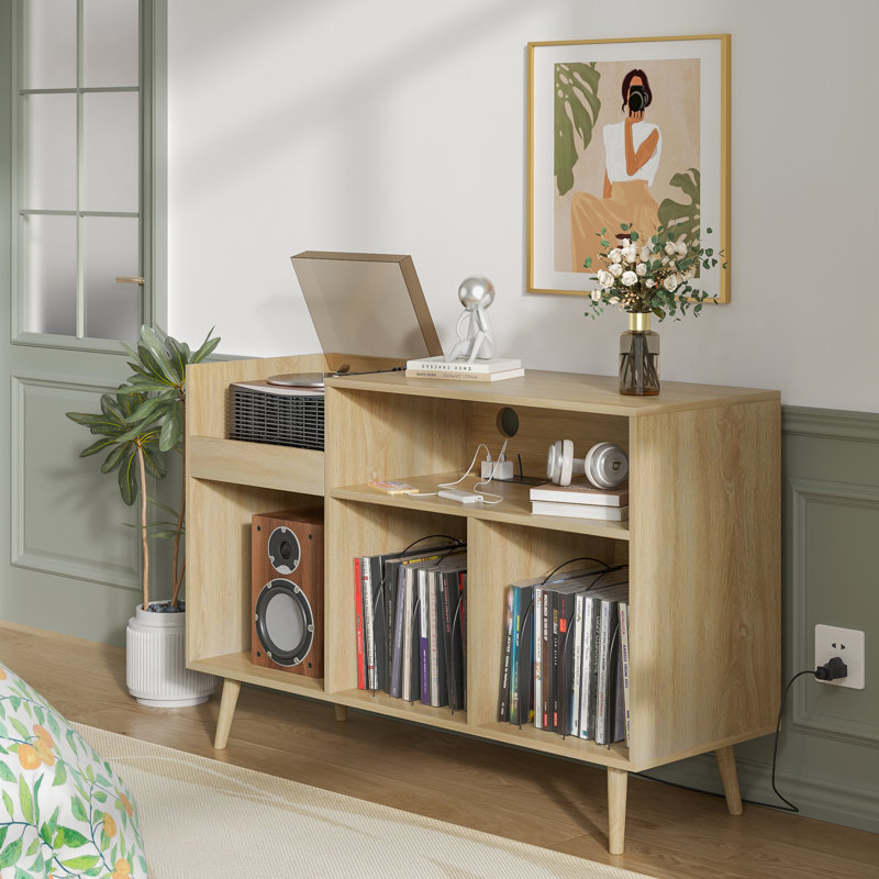 Support audio, support pour tourne-disque avec station de charge et ports USB, Bois