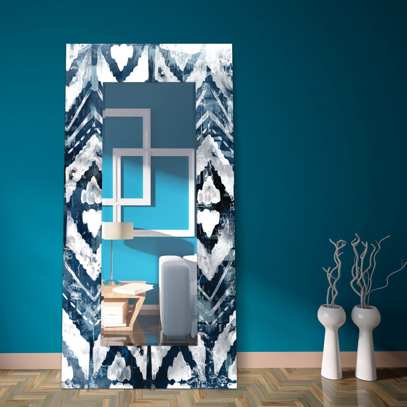 "Indigo Extraction" Rectangular Beveled Mirror on Free Floating Reverse Printed Tempered Art Glass