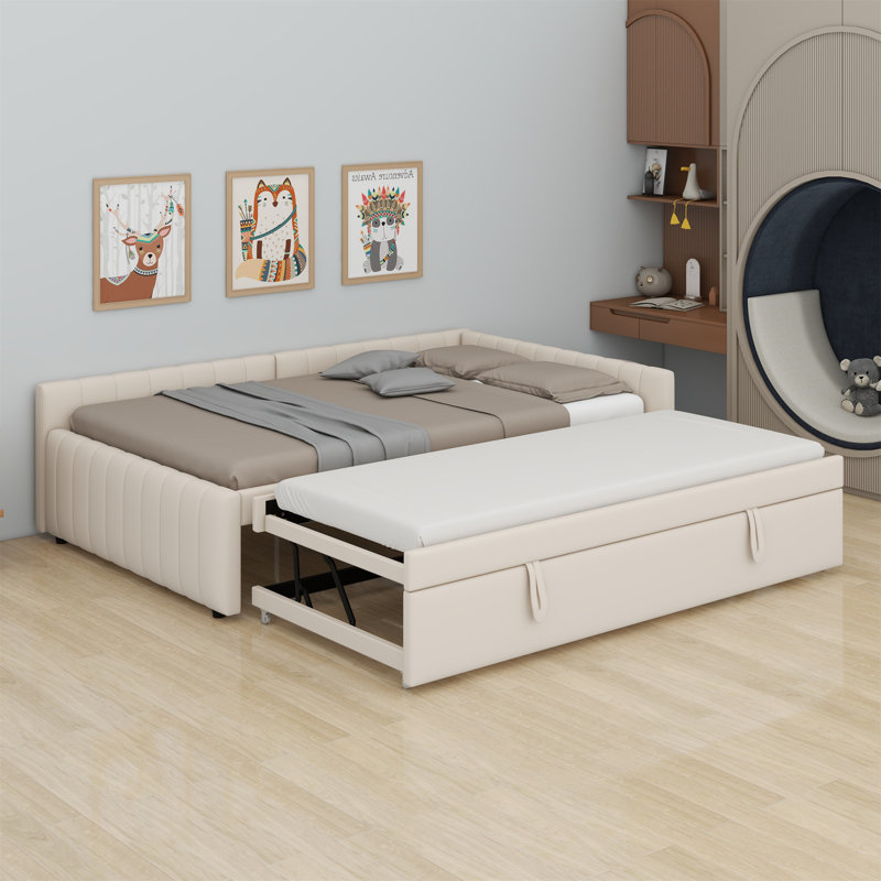 Lit de jour rembourré en L avec lit gigogne, Beige
