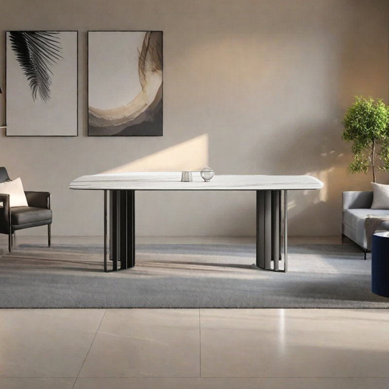 Modern sintered stone carbon steel dining table, 29.53”H x 70.87”L x 31.5”W