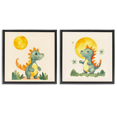  Happy Dinos & Moon 2 PC Framed Floater Canvas Set by Andrea Haase